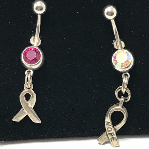 Hot Pink Awareness Ribbon Dangle Belly Ring - Picture 9 of 10